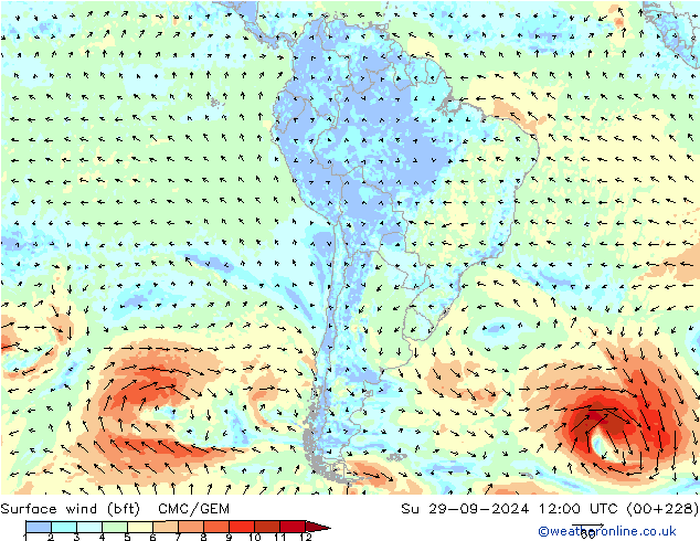 Bodenwind (bft) CMC/GEM So 29.09.2024 12 UTC