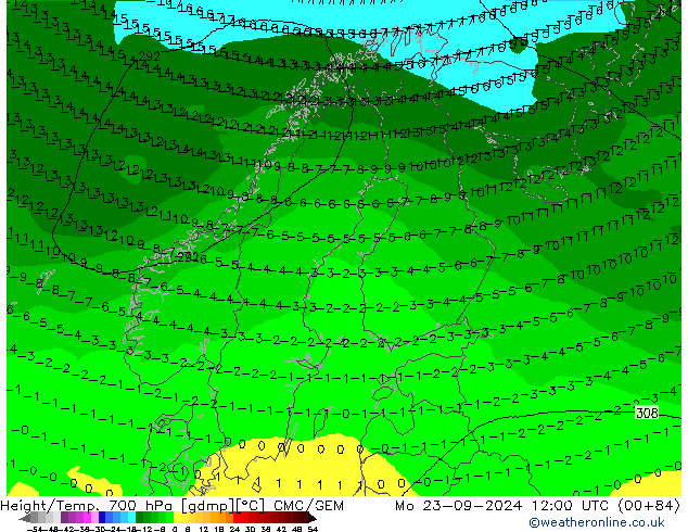 Height/Temp. 700 hPa CMC/GEM Mo 23.09.2024 12 UTC