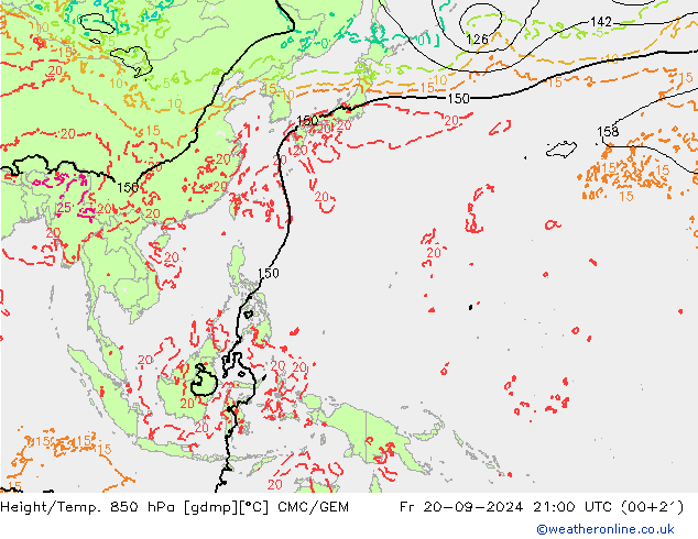 Height/Temp. 850 hPa CMC/GEM Fr 20.09.2024 21 UTC