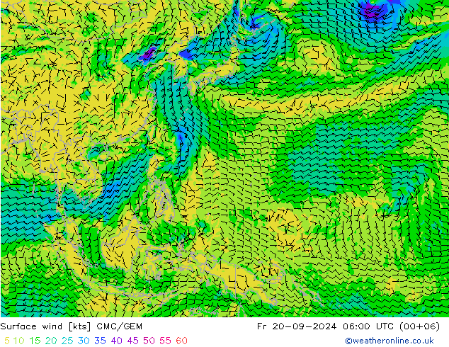 Vent 10 m CMC/GEM ven 20.09.2024 06 UTC