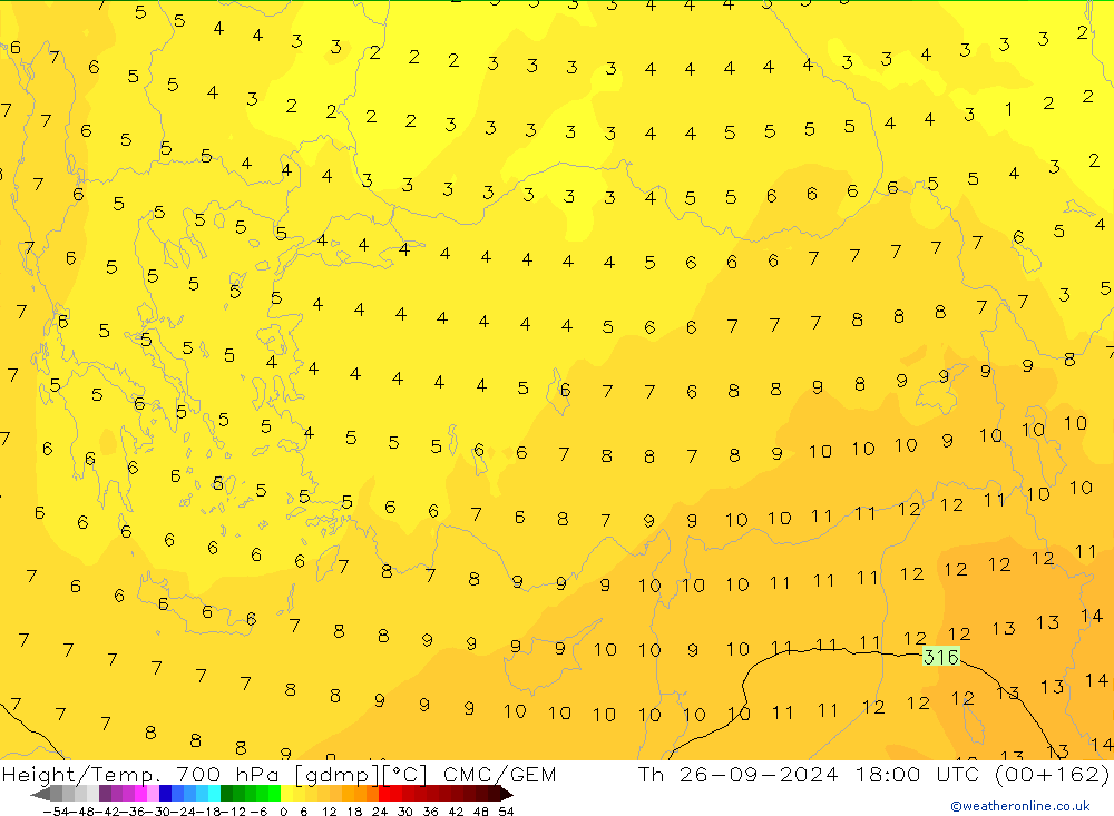 Height/Temp. 700 hPa CMC/GEM Th 26.09.2024 18 UTC