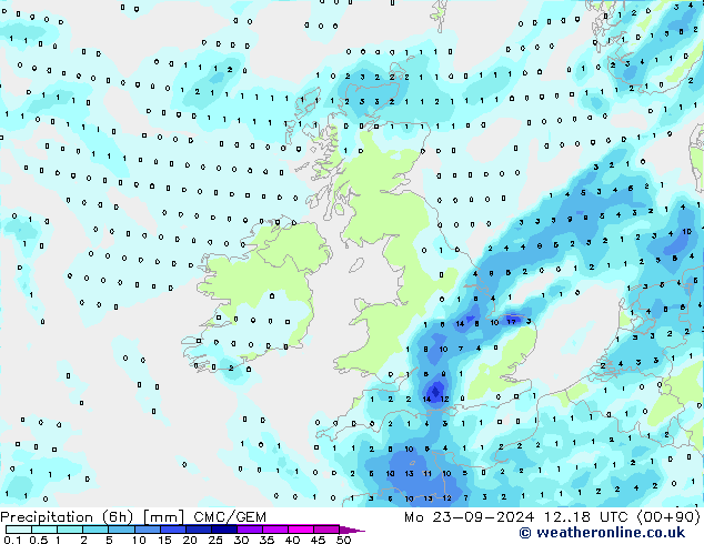 Precipitation (6h) CMC/GEM Mo 23.09.2024 18 UTC