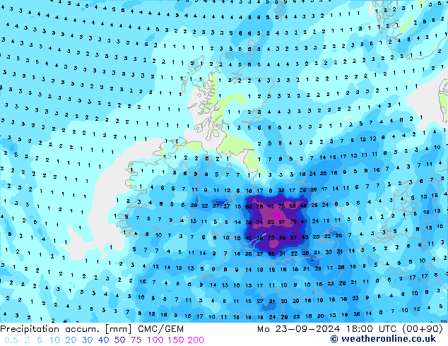 Precipitation accum. CMC/GEM Mo 23.09.2024 18 UTC