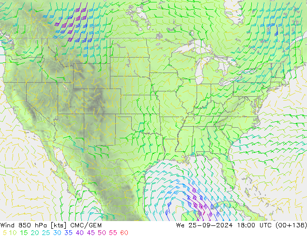 Vento 850 hPa CMC/GEM Qua 25.09.2024 18 UTC