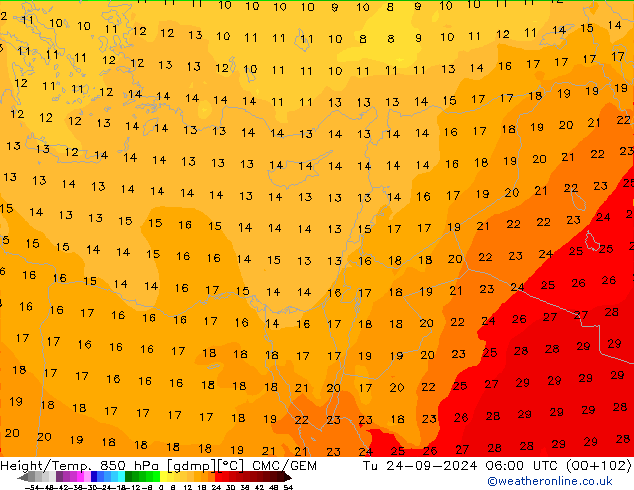 Height/Temp. 850 гПа CMC/GEM вт 24.09.2024 06 UTC