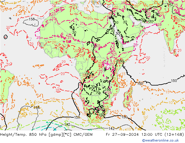 Yükseklik/Sıc. 850 hPa CMC/GEM Cu 27.09.2024 12 UTC