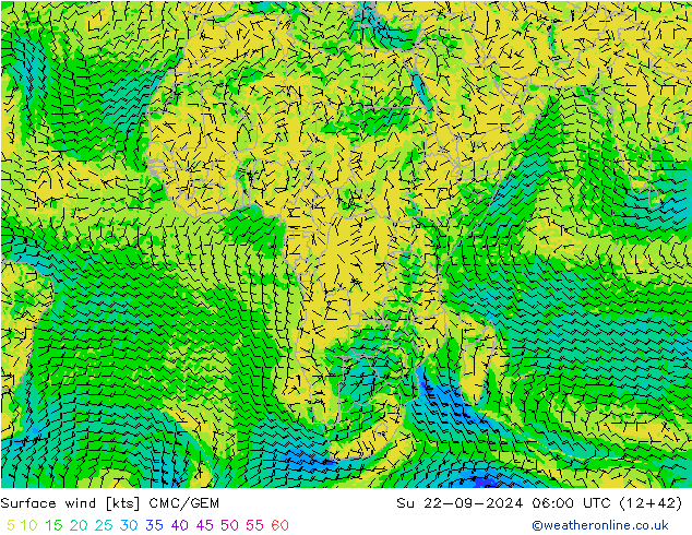 Surface wind CMC/GEM Su 22.09.2024 06 UTC