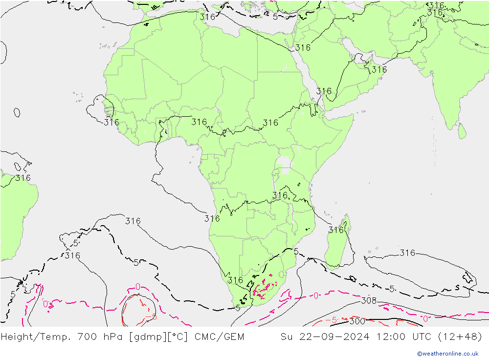 Height/Temp. 700 hPa CMC/GEM Ne 22.09.2024 12 UTC