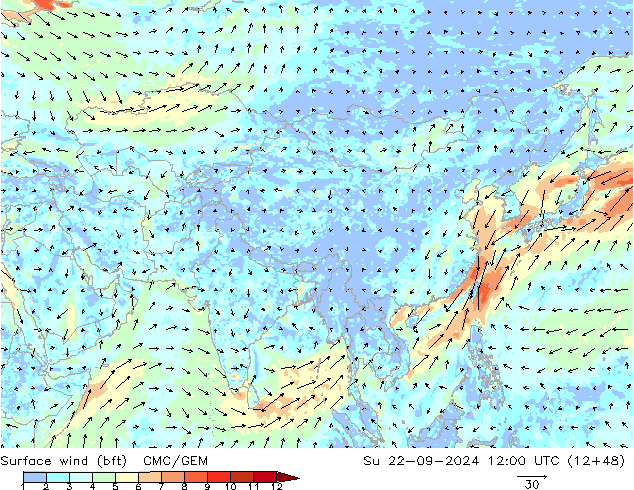 Wind 10 m (bft) CMC/GEM zo 22.09.2024 12 UTC