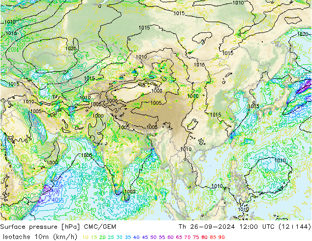 Isotachs (kph) CMC/GEM  26.09.2024 12 UTC