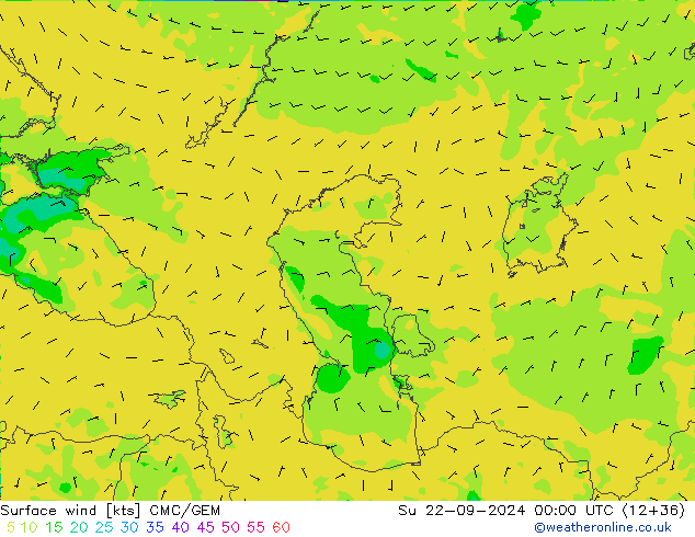 Rüzgar 10 m CMC/GEM Paz 22.09.2024 00 UTC