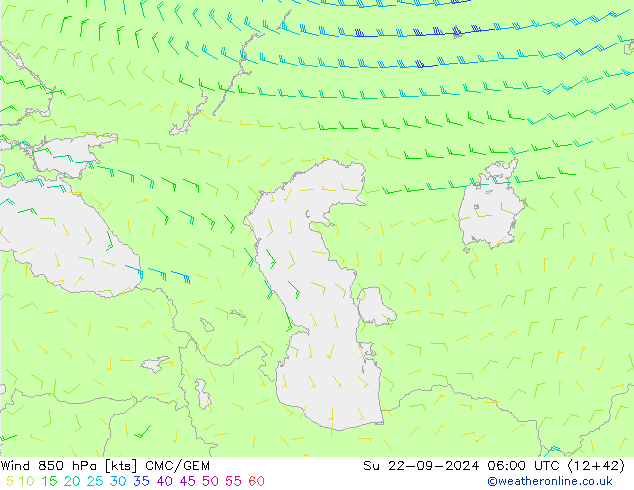 Wind 850 hPa CMC/GEM Ne 22.09.2024 06 UTC