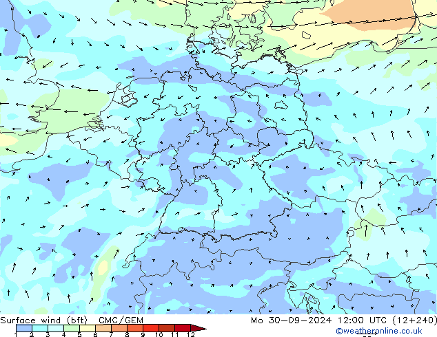 Bodenwind (bft) CMC/GEM Mo 30.09.2024 12 UTC