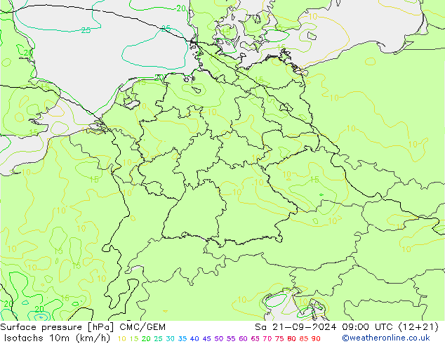 Isotachs (kph) CMC/GEM Sa 21.09.2024 09 UTC