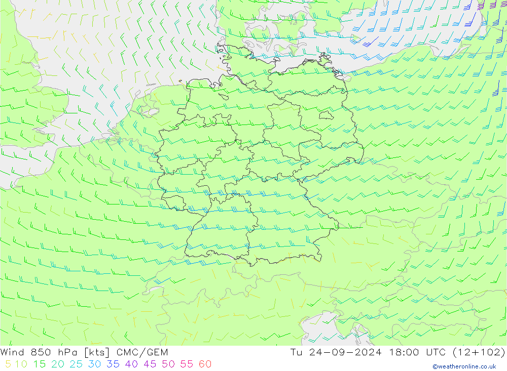 Wind 850 hPa CMC/GEM Tu 24.09.2024 18 UTC