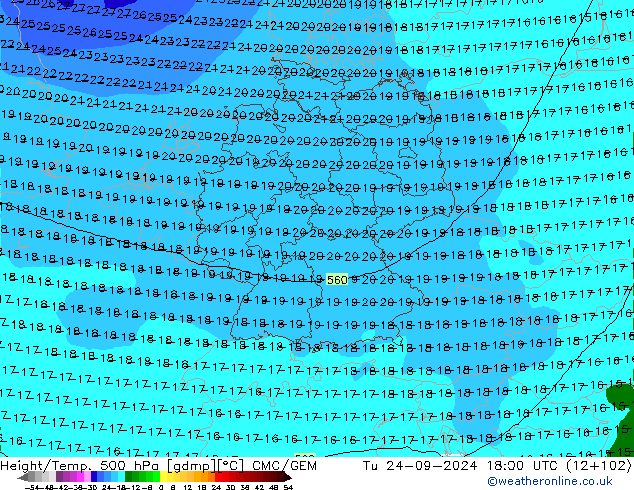 Height/Temp. 500 hPa CMC/GEM wto. 24.09.2024 18 UTC