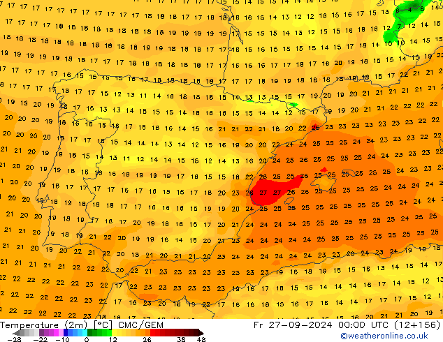 Temperatuurkaart (2m) CMC/GEM vr 27.09.2024 00 UTC