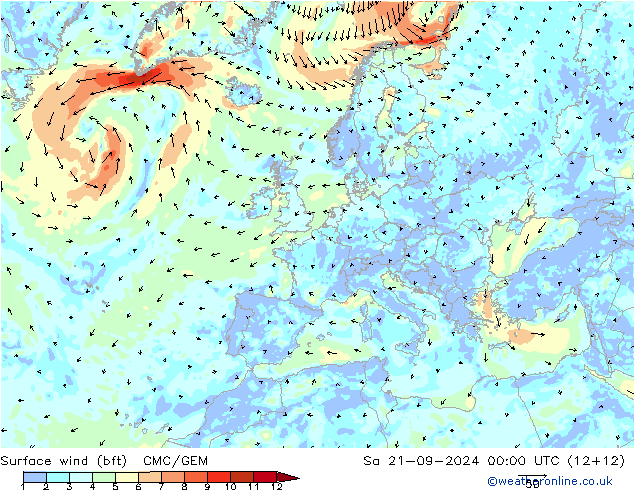 Surface wind (bft) CMC/GEM Sa 21.09.2024 00 UTC