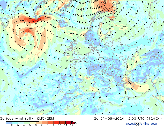 Wind 10 m (bft) CMC/GEM za 21.09.2024 12 UTC