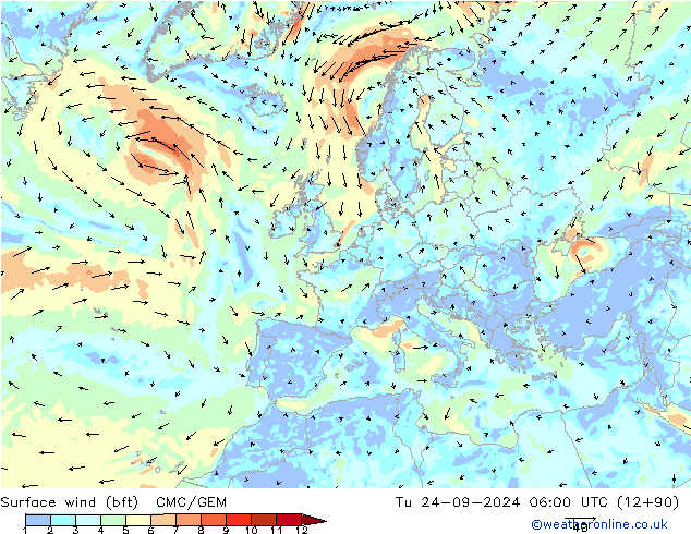 wiatr 10 m (bft) CMC/GEM wto. 24.09.2024 06 UTC