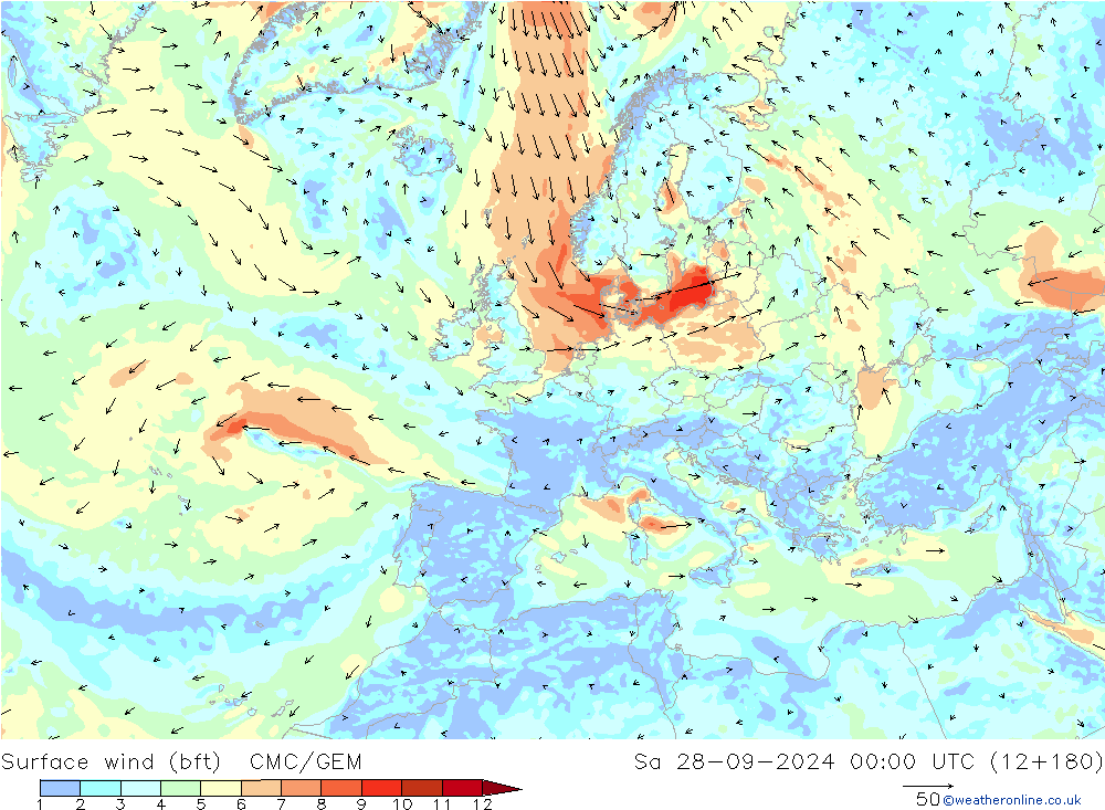 Vento 10 m (bft) CMC/GEM Sáb 28.09.2024 00 UTC