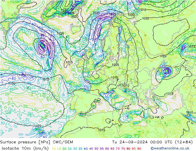 Eşrüzgar Hızları (km/sa) CMC/GEM Sa 24.09.2024 00 UTC