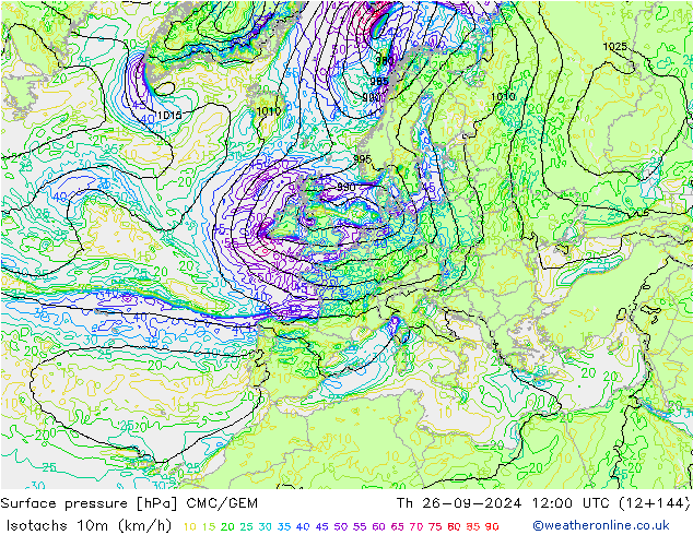 Isotachs (kph) CMC/GEM чт 26.09.2024 12 UTC