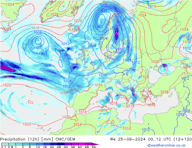Precipitación (12h) CMC/GEM mié 25.09.2024 12 UTC