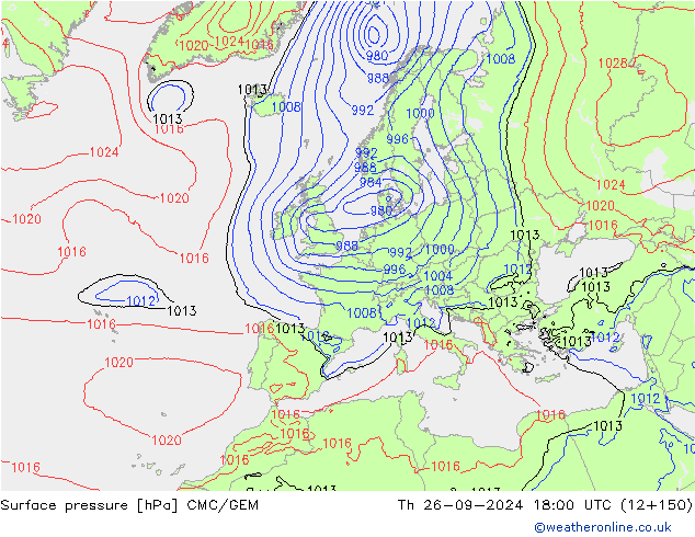 Surface pressure CMC/GEM Th 26.09.2024 18 UTC