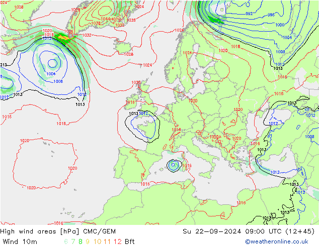 High wind areas CMC/GEM dom 22.09.2024 09 UTC