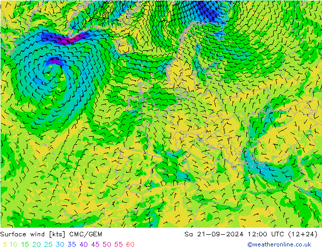 wiatr 10 m CMC/GEM so. 21.09.2024 12 UTC