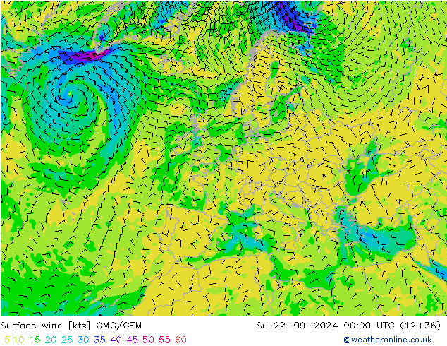 Surface wind CMC/GEM Su 22.09.2024 00 UTC