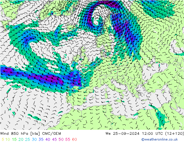 Rüzgar 850 hPa CMC/GEM Çar 25.09.2024 12 UTC