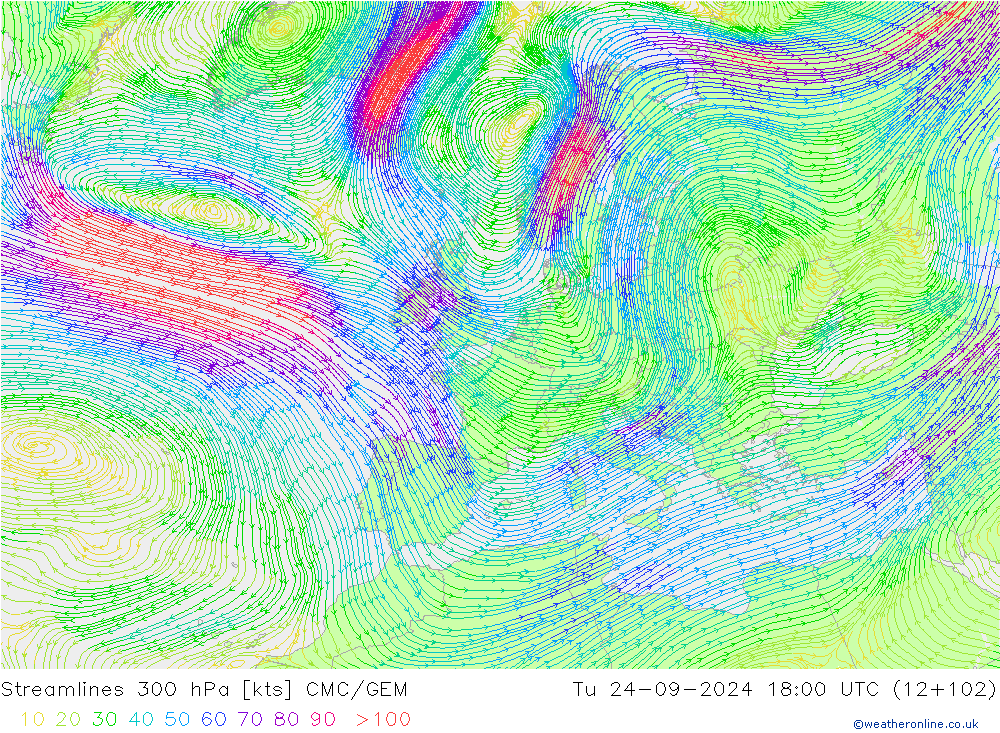 Linea di flusso 300 hPa CMC/GEM mar 24.09.2024 18 UTC