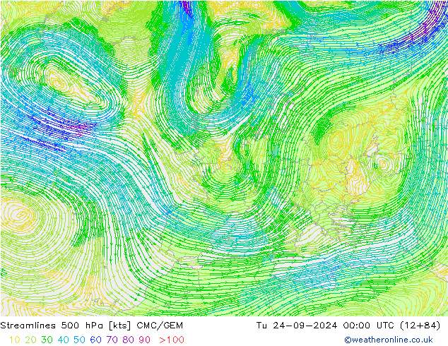 Línea de corriente 500 hPa CMC/GEM mar 24.09.2024 00 UTC