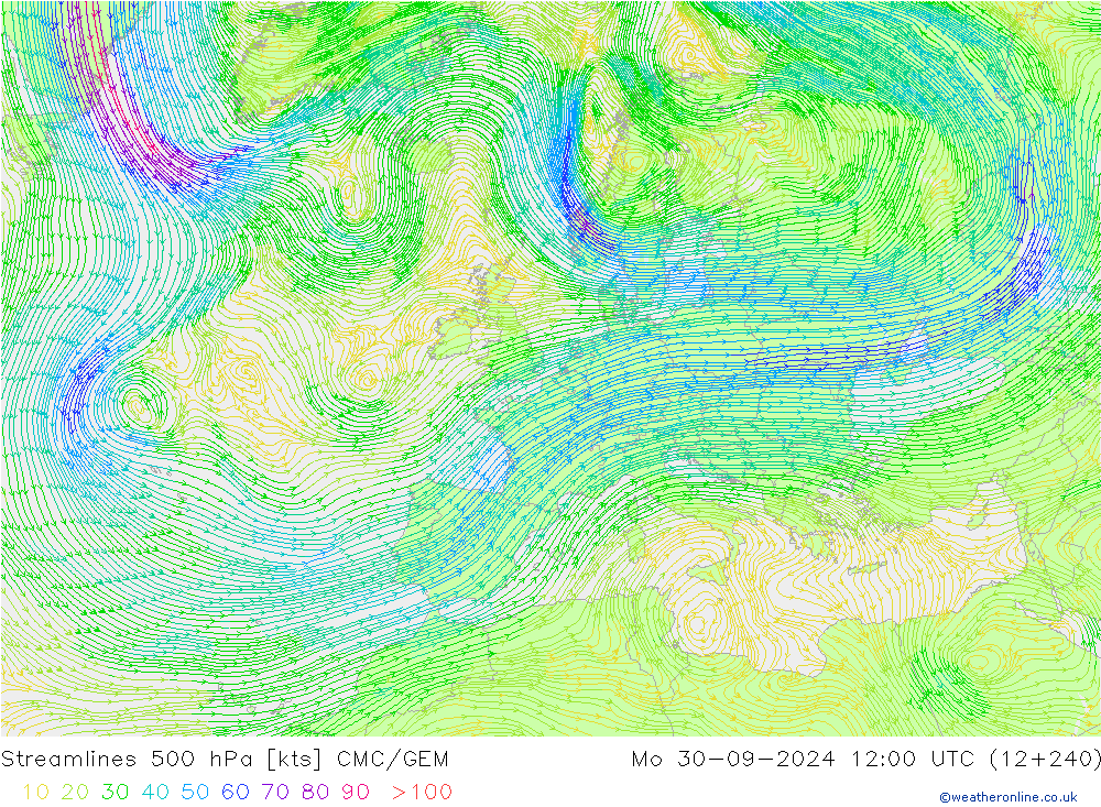 Linha de corrente 500 hPa CMC/GEM Seg 30.09.2024 12 UTC