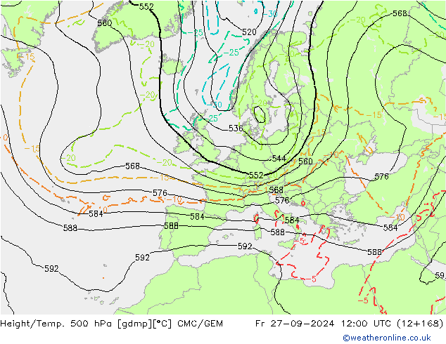 Hoogte/Temp. 500 hPa CMC/GEM vr 27.09.2024 12 UTC