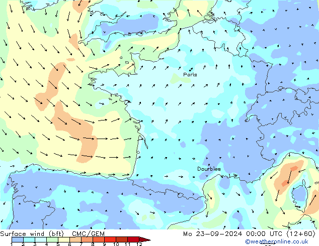  10 m (bft) CMC/GEM  23.09.2024 00 UTC