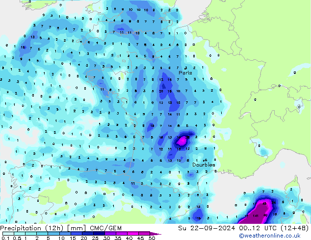 Precipitation (12h) CMC/GEM Su 22.09.2024 12 UTC