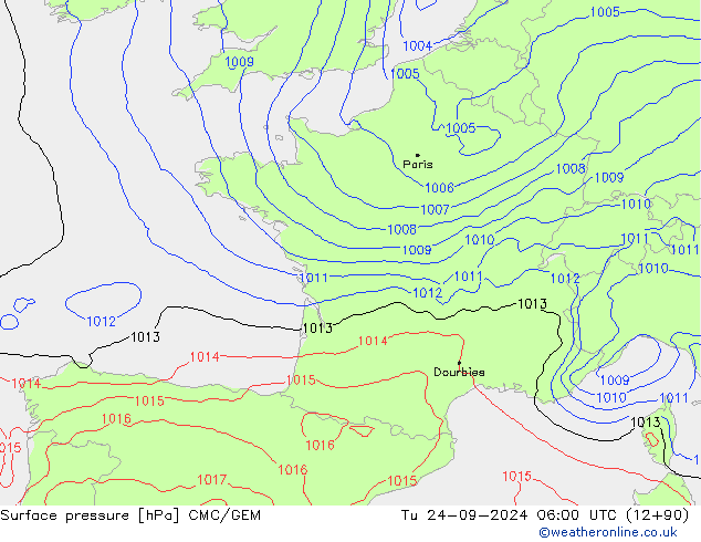 Surface pressure CMC/GEM Tu 24.09.2024 06 UTC