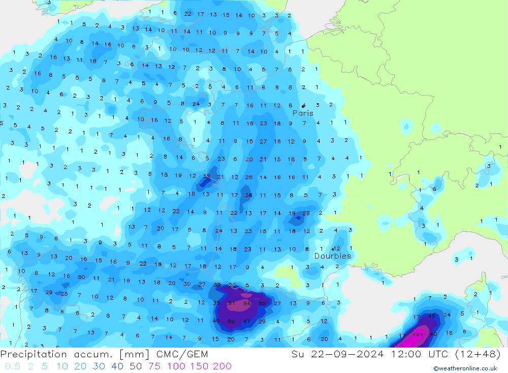 Precipitation accum. CMC/GEM Su 22.09.2024 12 UTC