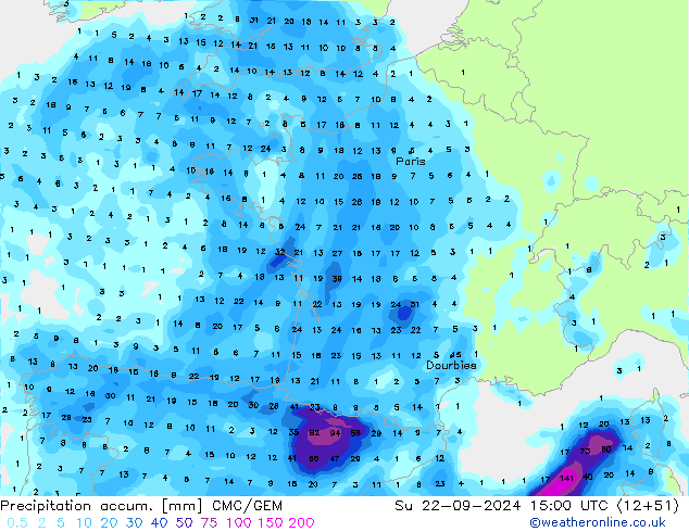 Totale neerslag CMC/GEM zo 22.09.2024 15 UTC