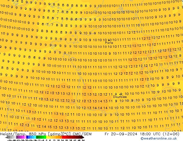 Height/Temp. 850 hPa CMC/GEM Fr 20.09.2024 18 UTC