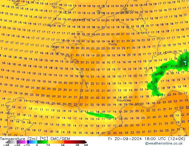 Temperature (2m) CMC/GEM Fr 20.09.2024 18 UTC