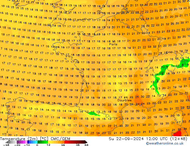 Temperaturkarte (2m) CMC/GEM So 22.09.2024 12 UTC