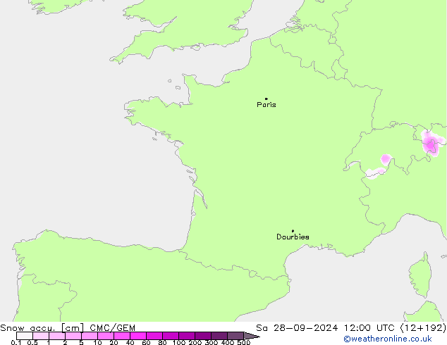 Snow accu. CMC/GEM sab 28.09.2024 12 UTC