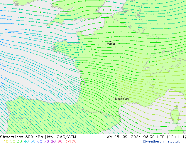 Linea di flusso 500 hPa CMC/GEM mer 25.09.2024 06 UTC