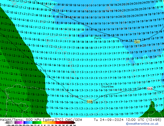 Height/Temp. 500 hPa CMC/GEM Út 24.09.2024 12 UTC