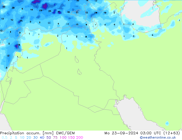 Précipitation accum. CMC/GEM lun 23.09.2024 03 UTC