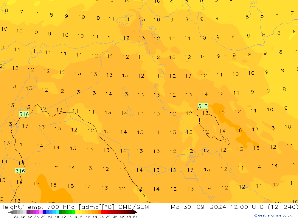 Height/Temp. 700 гПа CMC/GEM пн 30.09.2024 12 UTC